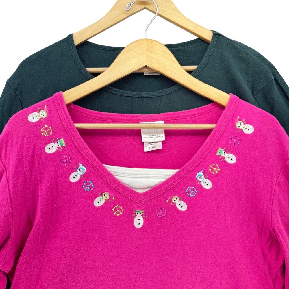 VTG Decorated Originals SET of 2 Christmas Shirts Pink Snowman Green XL Y2K 90s